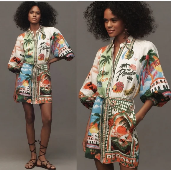 475$ ALEMAIS PARADISO MINI DRESS SIZE 0US Tropical Print Shirt Dress - Picture 2 of 4